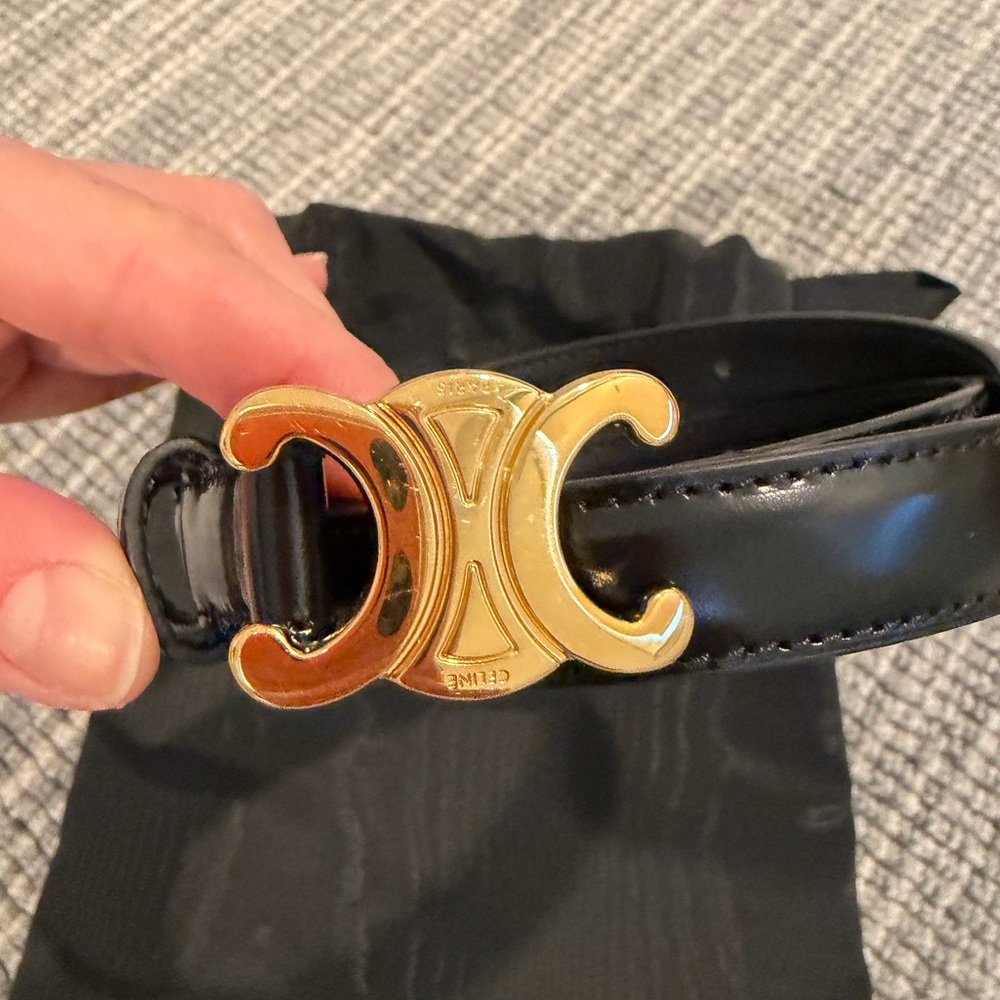 Celine Black Leather Belt with Gold Triomphe Buckle